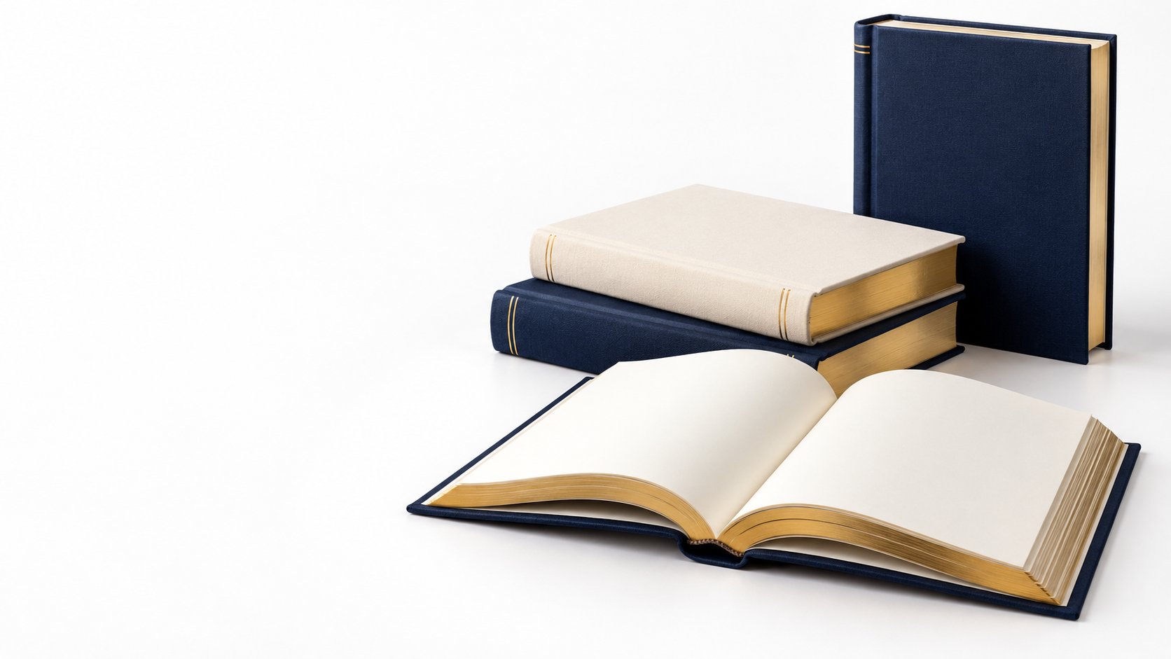 Open book with navy and ivory hardback books